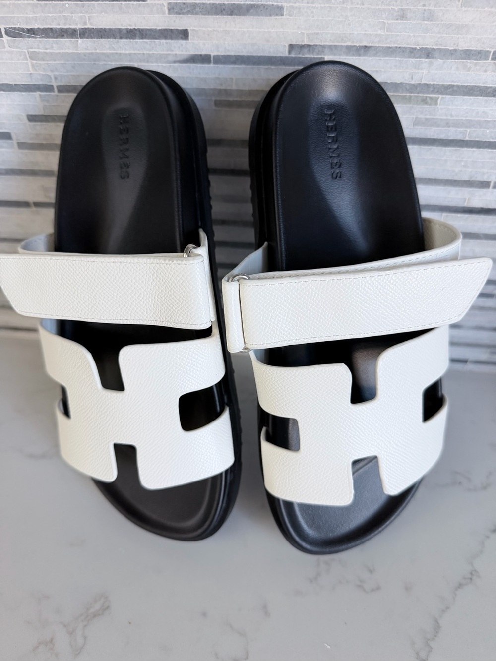 Hermes white Cutout Strap Slide Sandals - Black Footbed size 6 - Picture 8 of 12